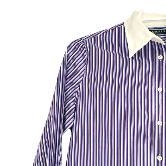 Lauren Ralph Lauren Button Shirt Womens Petite L Purple Striped Stretch Long Sle - Picture 5 of 6